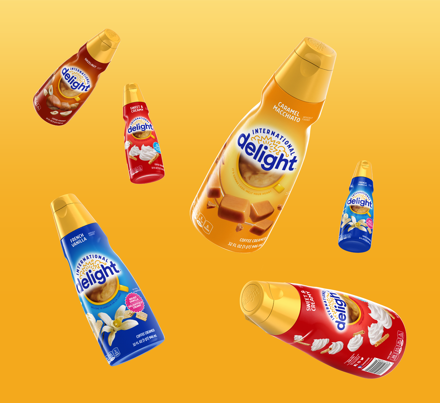 Bouteilles de plusieurs couleurs de la marque International Delight Packshots de la gamme de produits International Delight