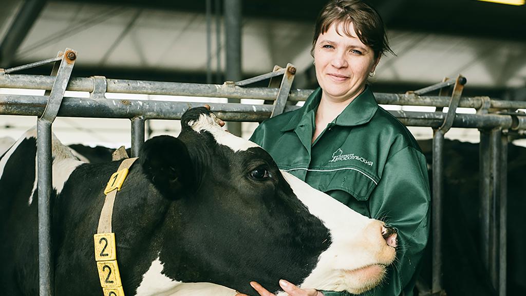 Une éleveuse avec une vache Une éleveuse avec une vache