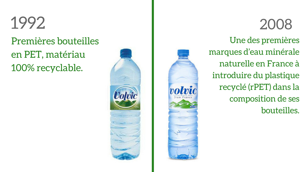 Première bouteille Volvic en PET en 1992 et rPET en 2008 Première bouteille Volvic en PET en 1992 et rPET en 2008
